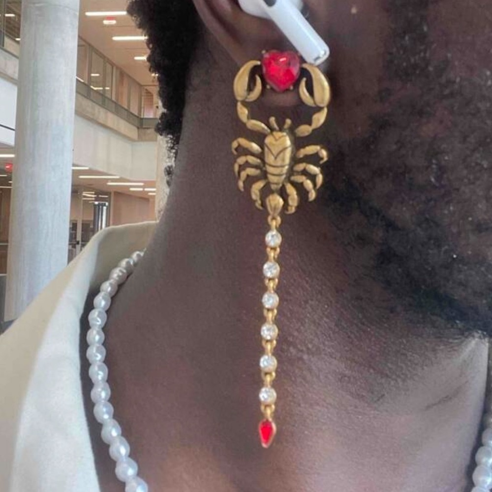 Gothic Scorpion Drop Earrings | Red Crystal Heart & Rhinestone Tail - Picture 5 of 12